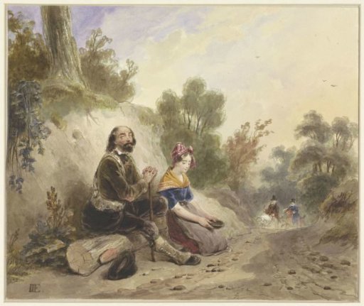 Blind man with a girl, begging by the side of a country road