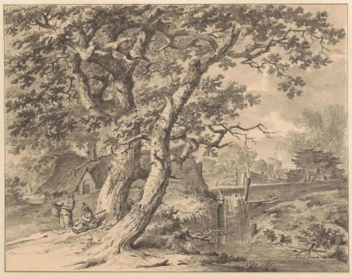 Landscape with a Small Waterfall under Two Large Trees