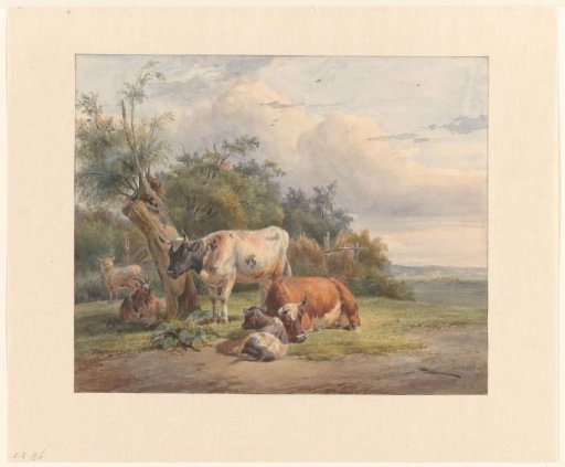Landscape with cattle by a tree
