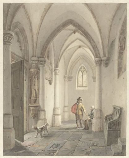 Church interior with a man giving alms to a beggar woman