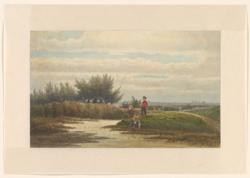 Landscape with three boys at the water's edge
