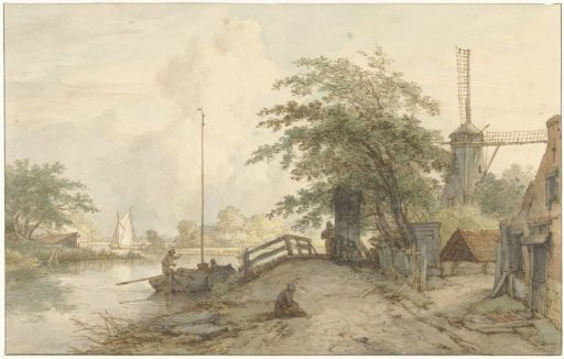 Landscape with a small bridge and a house on a road along a waterway