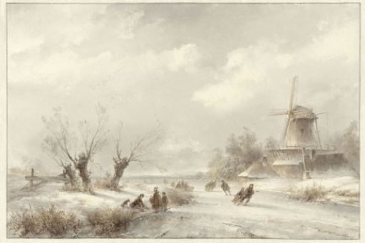 Winter landscape with skaters by a mill