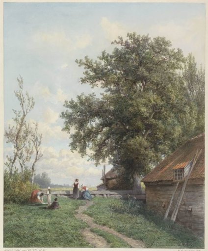 Farmyard with some figures, a shed and a large tree on the right