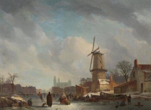 Frolicking on a Frozen Canal in a Town