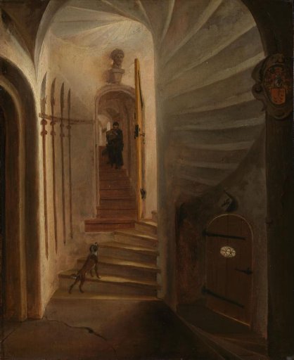 Portal of a stairway tower, with a man descending the stairs: presumably the moment before the assassination of William the Silent in the Prinsenhof, Delft
