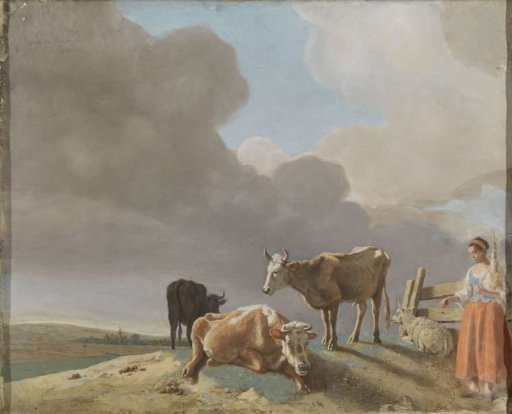 Landscape with Cows, Sheep and a Shepherdess, Modified Copy after a Painting by Paulus Potter, the Shepherdess Copied from a Painting by Karel Dujardin (recto); Unfinished Portrait of a Man (verso)