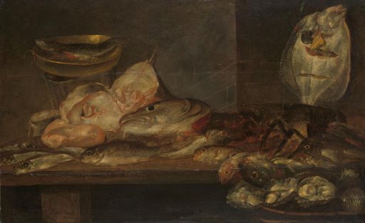 Still Life with Fish and a Lobster and Oysters on a Table nearby