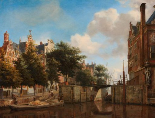 Amsterdam City View with Houses on the Herengracht and the old Haarlemmersluis