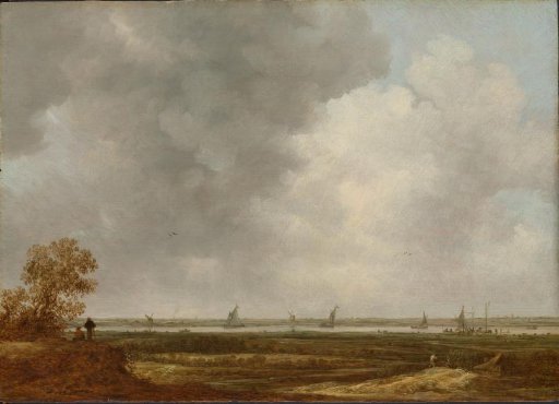 Panoramic View of a River with Low-lying Meadows