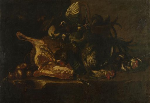Still life with meat and dead birds