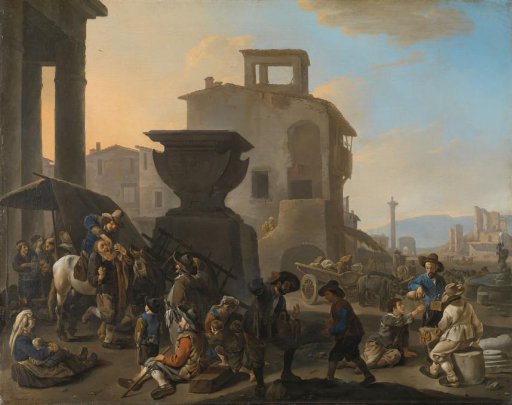 Italian market square with gravel cart