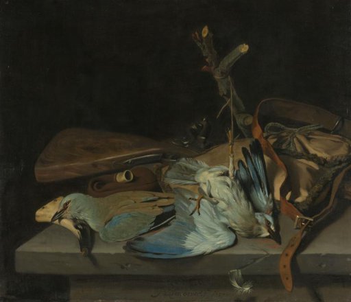 Still life with hunting implements and two European rollers