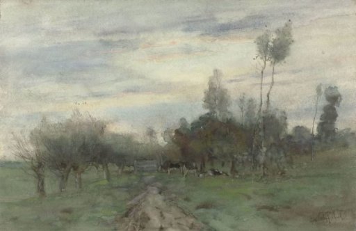 Country road with cows in the twilight