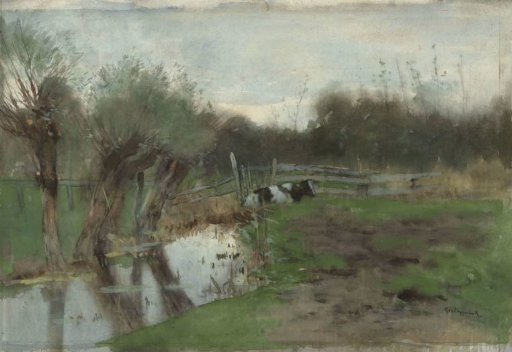 Meadow with a lying cow by a ditch