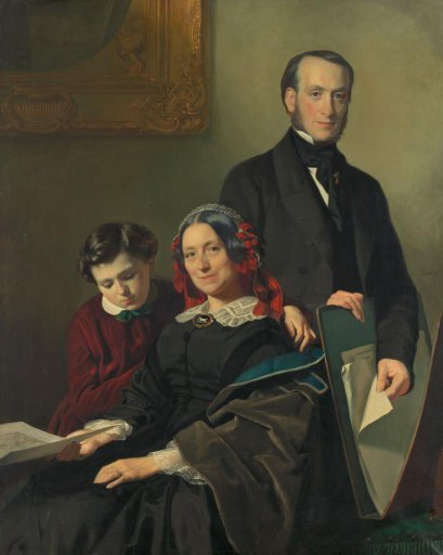 Mrs. A.J. Schmidt-Keiser, widow of the painter Willem Hendrik Schmidt (1809-49), the teacher of Jacob Spoel, with her brother J.N. Keiser and her ten-year-old son