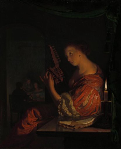 Woman tuning a theorbo