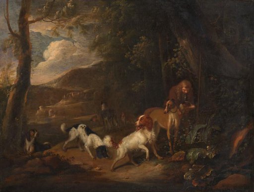Hunter with Hounds at the Edge of a Wood