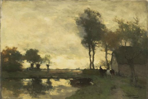Landscape with farm near a pond