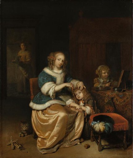 Interior with a mother combing her child's hair, known as 'Maternal Care'