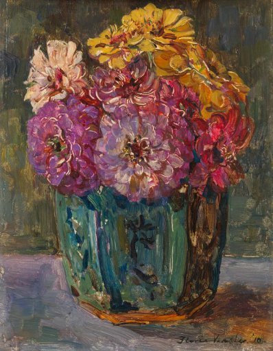 Still Life with Zinnias in a green Jar
