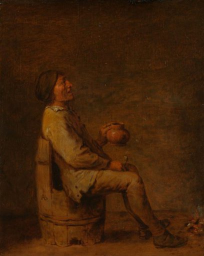 Man Seated Holding a Pipe and a Jug in an Interior