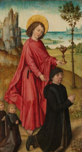 A Donor and his two Sons with Saint John the Evangelist, inner left wing of a triptych