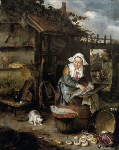 A Housewife in an inner Courtyard Cleaning Fish