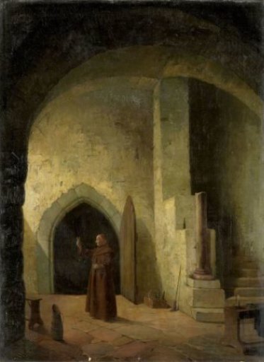 A Monk with a Glass in His Hand in a Cellar