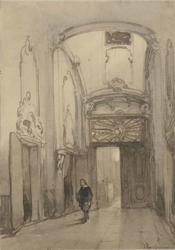 Rococo Portal in the Town Hall in The Hague with a Man in Seventeenth-Century Costume