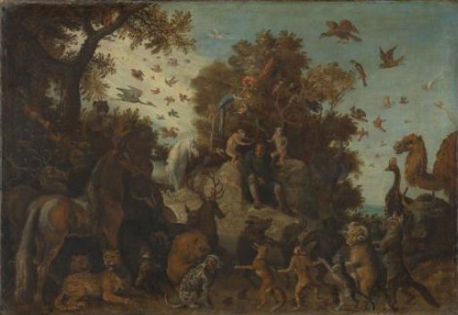 The poet crowned by two apes at the feast of the animals
