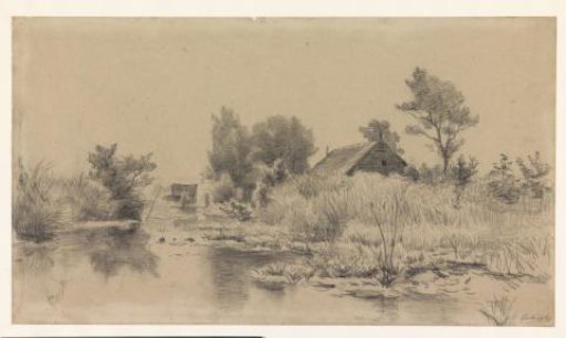 Pool of Water with Reeds, with a Farmhouse in the Background