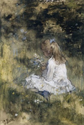 A Girl with Flowers on the Grass