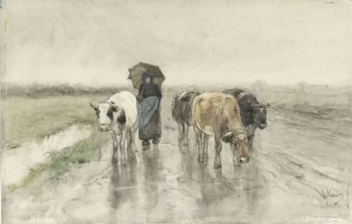 A Herdess with Cows on a Country Road in the Rain