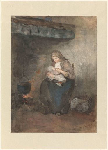 Mother Nursing Her Child by the Fireplace