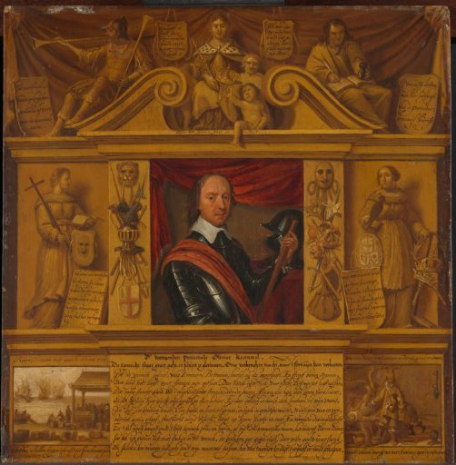 Portrait of Oliver Cromwell, in a Frame with Allegorical Figures and Historical Representations