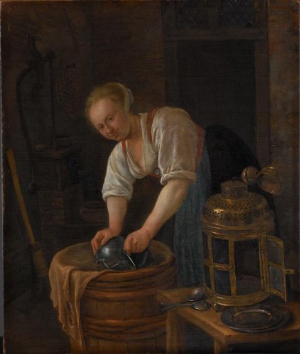 Woman scouring metalware