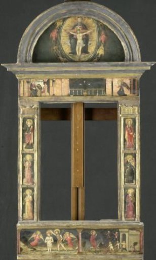 Frame depicting the Annunciation, Baptism of Christ, Entry into Jerusalem, Saints Cecilia and Catherine of Alexandria, Trinity (Gnadenstuhl, Mercy Seat), and four Music-making Angels
