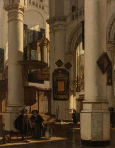 Interior of a Protestant, Gothic church, with a gravedigger in the choir