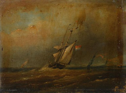 Turbulent sea with sailing ships