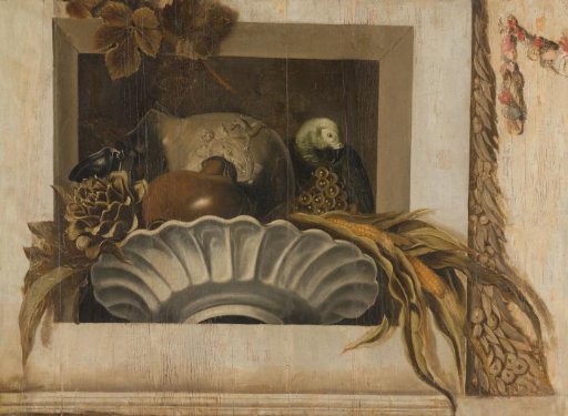 Still Life with a Bowl of Corn, Artichokes, Grapes and a Parrot