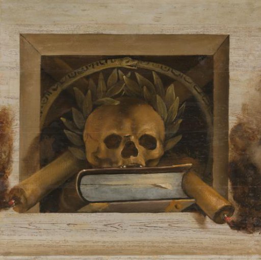 Vanitas Still Life with Skull with Laurel Wreath, Book and Two Burning Candles