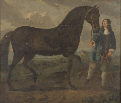 Black Horse Led by a Groom
