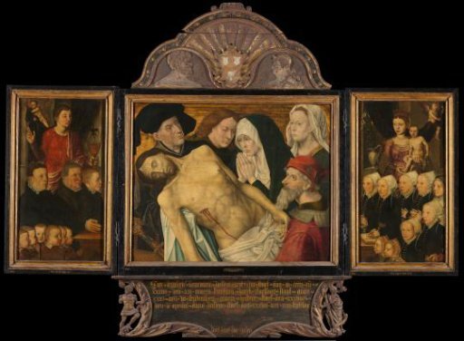 Memorial Triptych, formerly called the Gertz Memorial Triptych, with the Lamentation (central panel), nine male Donor Portraits with Saint John the Evangelist (left wing, inner), nine female Donor Portraits with the Virgin and Child (right wing, inner), Saint Peter (left wing, outer) and Saint Mary