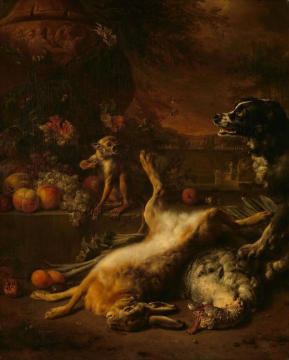A Monkey and a Dog with Dead Game and Fruit