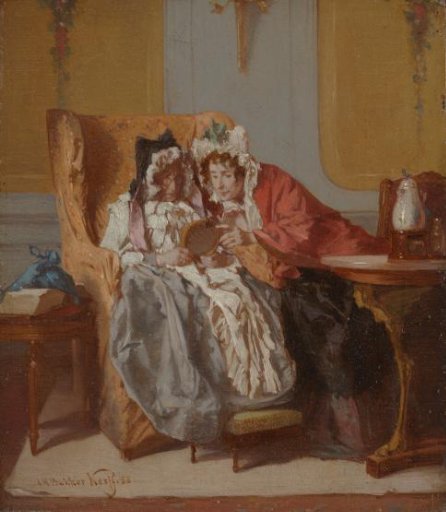 Two ladies viewing a small painting