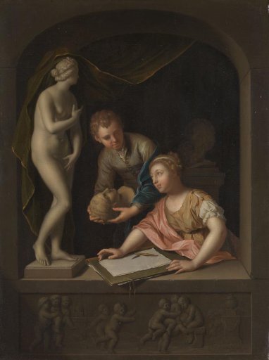 A Girl Drawing and a Boy near a Statue of Venus