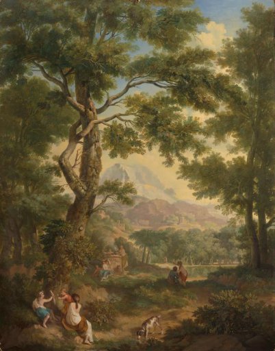 Arcadian landscape with children with a bird and a dog in the front left