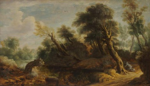 Wooded Landscape with a Wildfowler by a Stream
