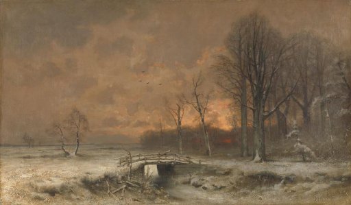 Winter Scene with the Sun Setting Behind Trees